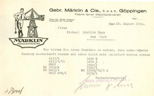 Letter from Marklin to RMT; 1930